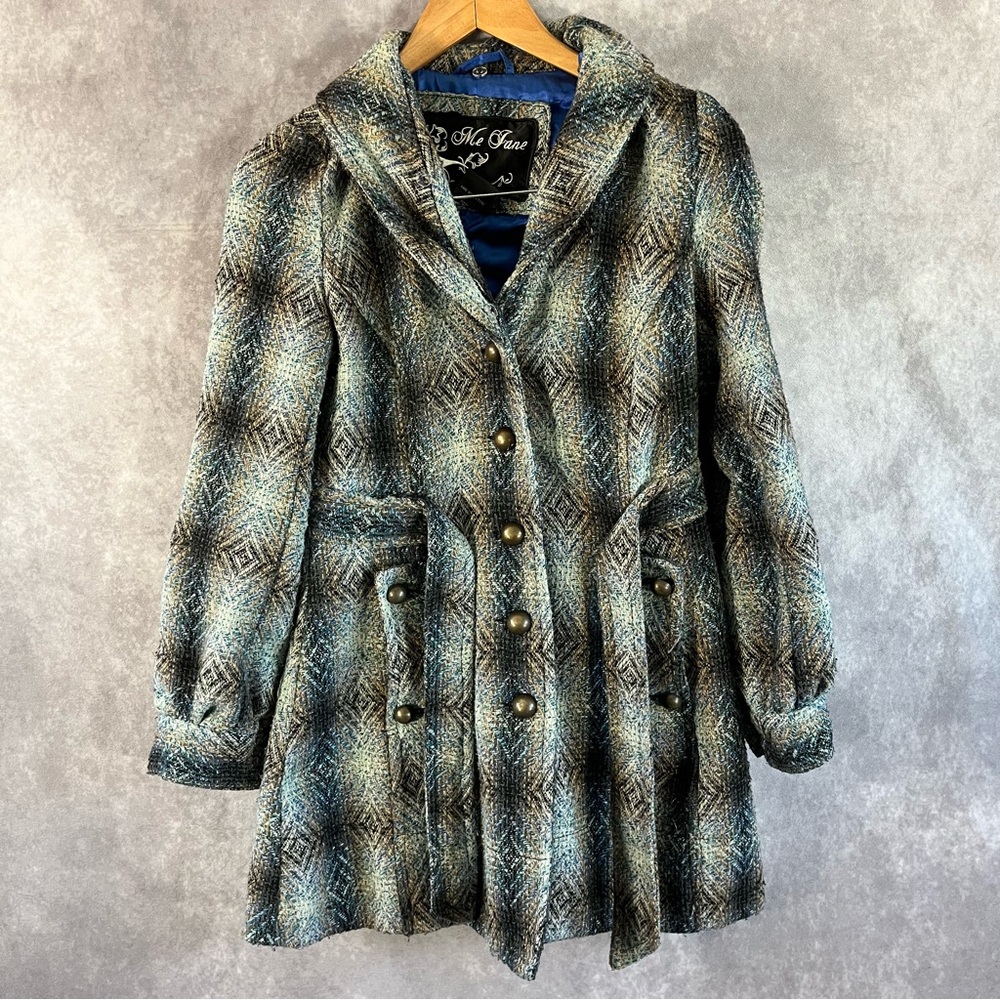 Me Jane Peacoat Womens Medium‎ Blue Jacket Belt Double Breasted Plaid *See Desc*
